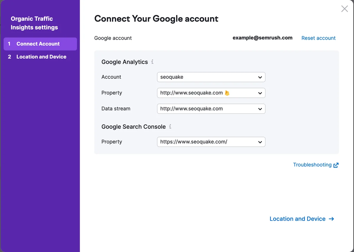 Semrush's own illustration of the Organic Traffic Insights settings, from its Knowledge Base (retrieved 13 October 2026): a "Connect Your Google account" step linking a Google Analytics account, property and data stream and a Google Search Console property. Semrush's example account, not ours.