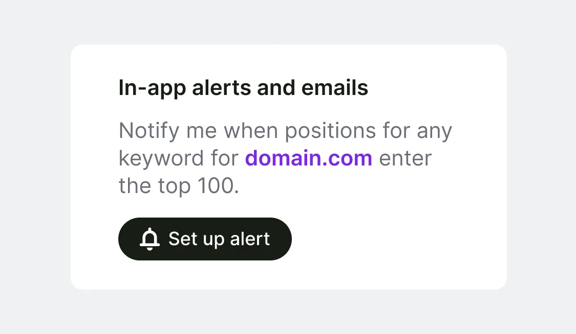 Semrush's own illustration of a Position Tracking alert, from its Position Tracking feature page (retrieved 9 October 2026): "Notify me when positions for any keyword for domain.com enter the top 100", with a "Set up alert" button. Semrush's illustration, not our account.