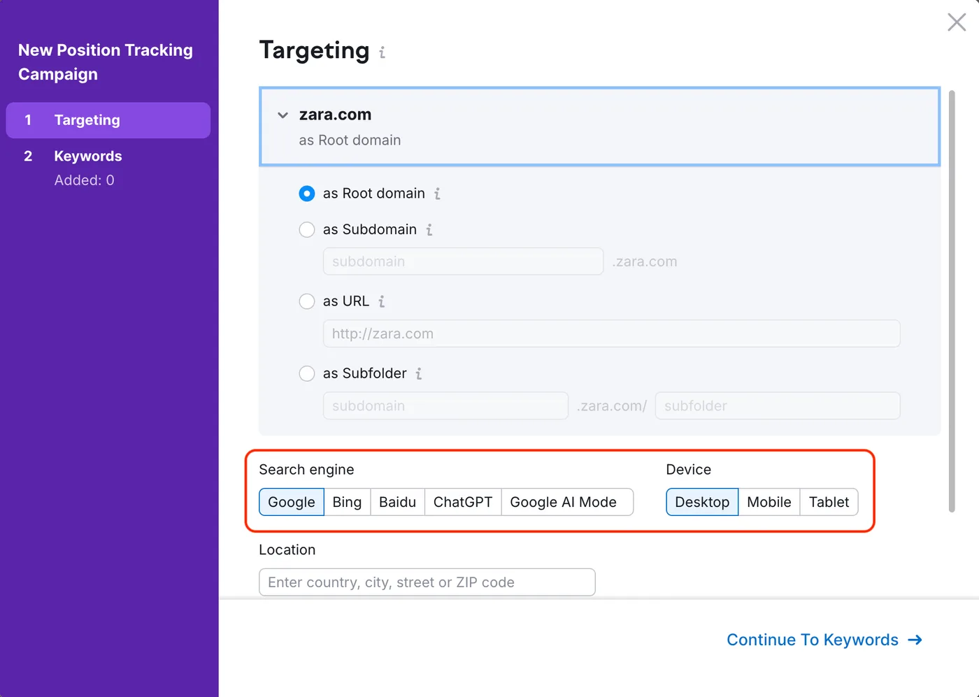 Semrush's own illustration of the Position Tracking setup window from its Knowledge Base (retrieved 9 October 2026): a "Search engine" selector offering Google, Bing, Baidu, ChatGPT and Google AI Mode, next to Desktop, Mobile and Tablet. Semrush's illustration, not our account.