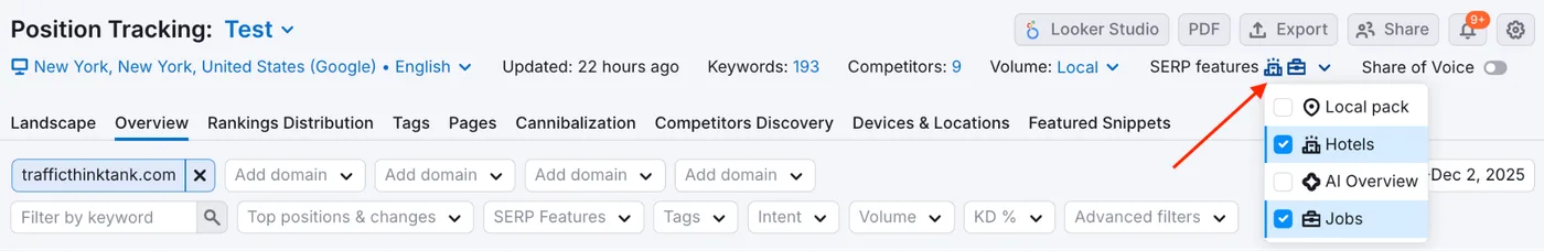 Semrush's own illustration of the SERP features menu in Position Tracking, from its Knowledge Base (retrieved 9 October 2026): options to track Local pack, Hotels, AI Overview and Jobs for a tracked domain. Semrush's illustration, not our account.