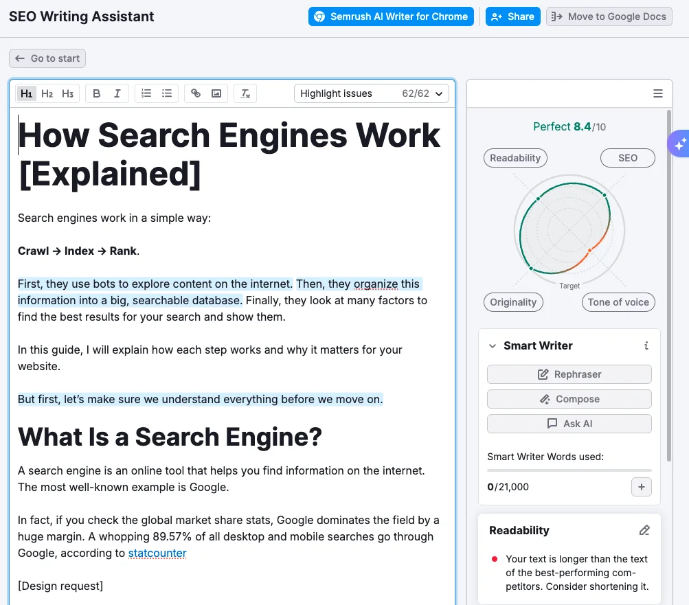 Semrush's own illustration of the SEO Writing Assistant editor, from its Knowledge Base: a draft with an overall score of 8.4 out of 10 across readability, SEO, originality and tone of voice, and Smart Writer options to rephrase, compose and ask AI. Semrush's illustration, not our account.