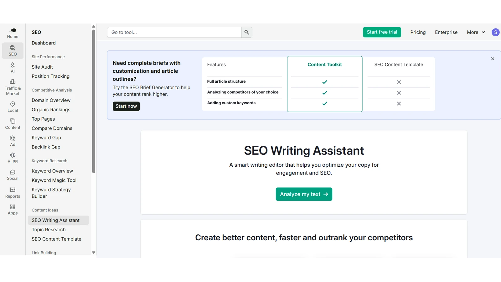 Semrush's own application on 26 September 2026. The left rail carries separate SEO and Content sections; SEO Writing Assistant sits inside SEO, under Content Ideas. That is the placement Semrush's knowledge base states and their own trend brief contradicts. Captured from Semrush's product — we have not run the tool on our own text.