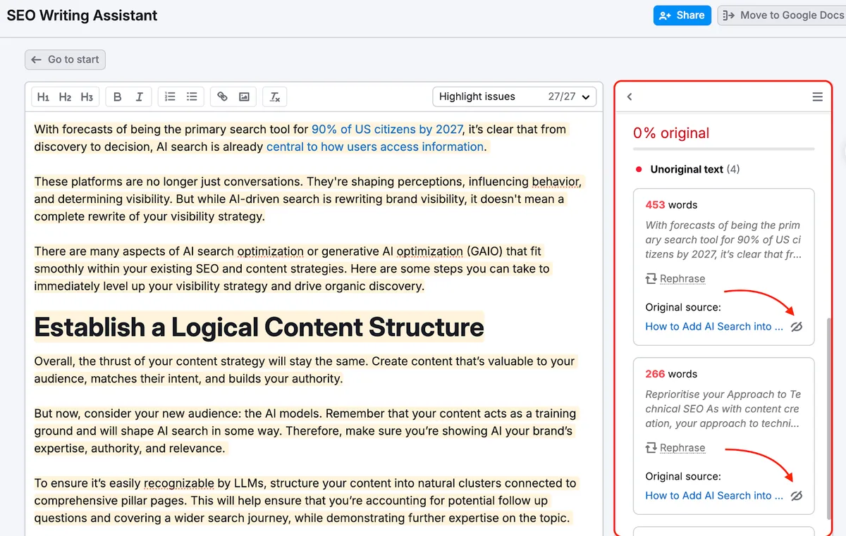 Semrush's own illustration of SEO Writing Assistant's originality check, from its Knowledge Base (retrieved 29 October 2026): a draft scored "0% original", with each unoriginal passage, its word count, a Rephrase option and the original source listed in the sidebar. Semrush's illustration, not our account.