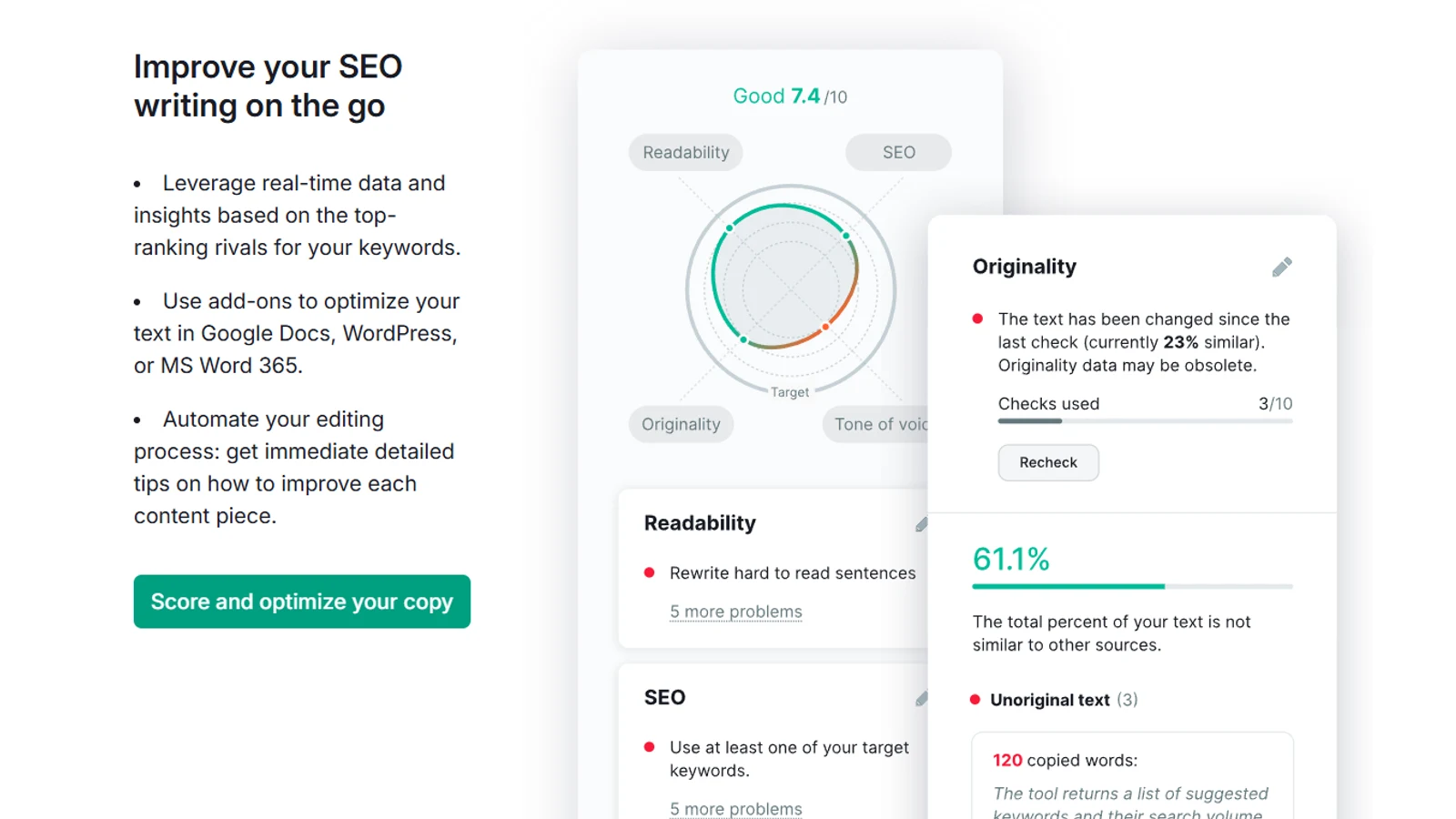 Semrush's own illustration of the SEO Writing Assistant's Originality panel: 61.1% of the text reported as not similar to other sources, three passages flagged as unoriginal, 120 copied words, and 3 of 10 checks used. Captured from Semrush's product page on 26 September 2026 — this is Semrush's illustration of the tool, not a run on our own text.