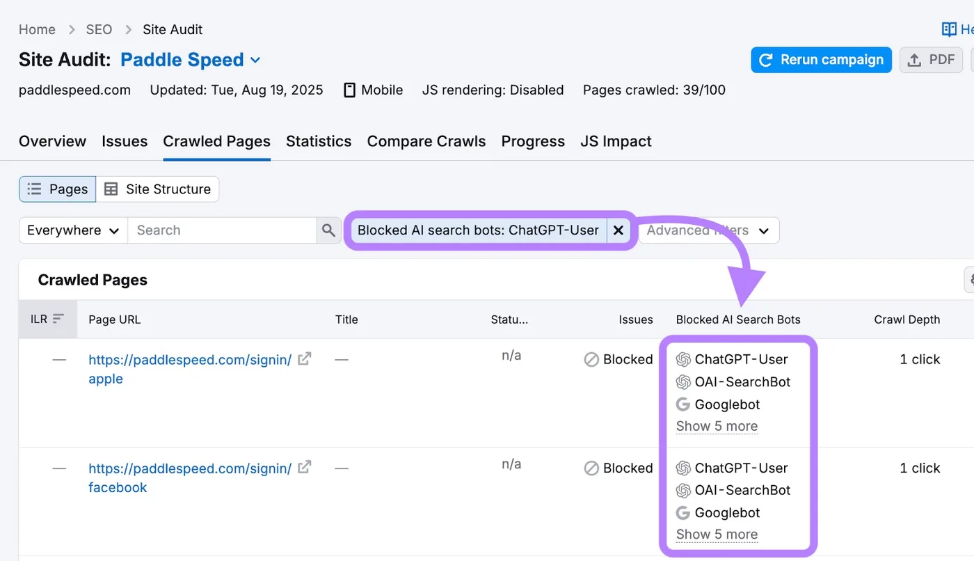 Semrush's own illustration of Site Audit's Crawled Pages report filtered by "Blocked AI search bots: ChatGPT-User", from its Knowledge Base (retrieved 13 October 2026): two pages marked Blocked, each listing the AI agents blocked from it, including ChatGPT-User, OAI-SearchBot and Googlebot. Semrush's illustration, not our account.