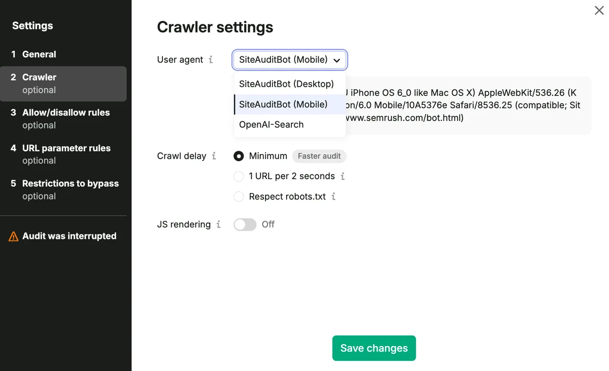 Semrush's own illustration of Site Audit's crawler settings, from its AI Search Health Knowledge Base page (retrieved 13 October 2026): a user-agent menu offering SiteAuditBot (Desktop), SiteAuditBot (Mobile) and OpenAI-Search, with crawl-delay options including "Respect robots.txt". Semrush's illustration, not our account.