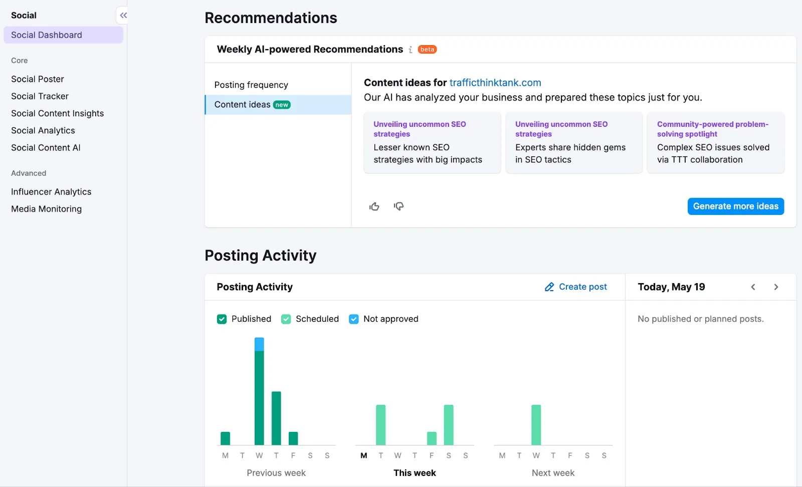 Semrush's own illustration of the Social Dashboard in the Social Toolkit, from its Knowledge Base (retrieved 17 October 2026): weekly AI-powered content recommendations beside a posting-activity chart for the previous, current and next week, with the Social Poster, Social Tracker and other tools in the menu. Semrush's illustration, not our account.