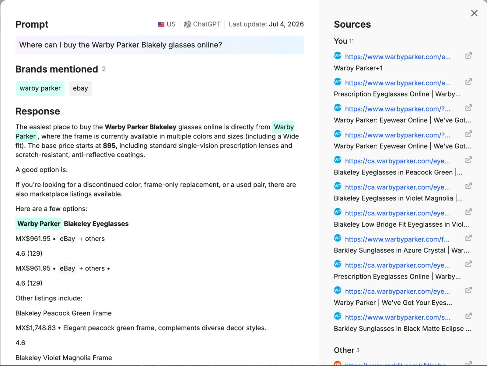 Semrush's own illustration of a full AI response in Visibility Overview, from its Knowledge Base (retrieved 17 October 2026): a ChatGPT answer to "Where can I buy the Warby Parker Blakely glasses online?" with the brands mentioned, product prices and ratings in the answer, and 11 of the brand's own pages among the cited sources. Semrush's illustration, not our account.