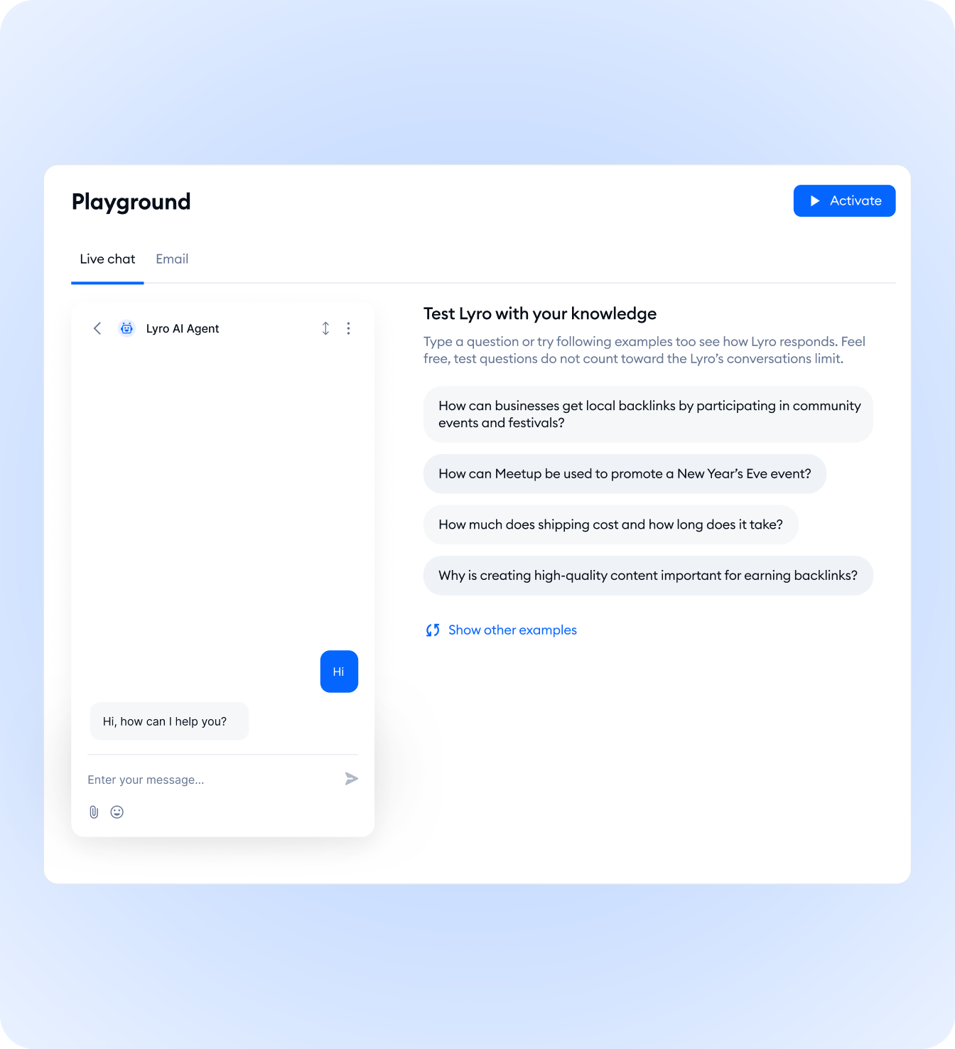 The Lyro Playground, used to test agent responses before deploying them